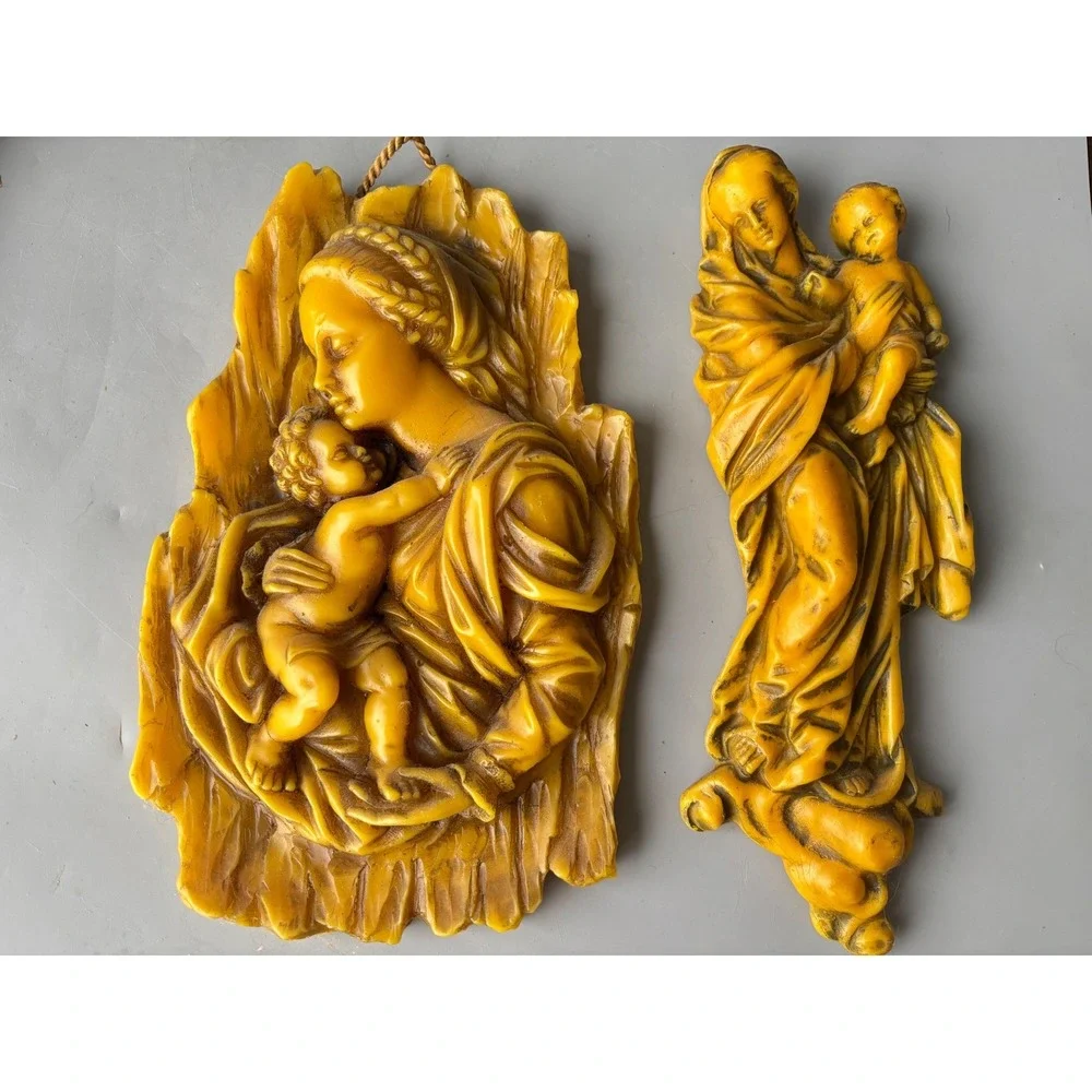 Vtg German‎ Madonna and Child Relief Plaques Set Wax Religious Wall Decor RARE
